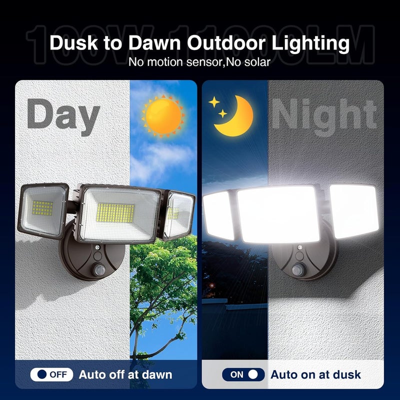 Onforu 100w Dusk to Dawn Outdoor Lighting,11000LM Led Outdoor Light from Dusk Till Dawn,Super Bright Flood Light,IP66 Waterproof Exterior Security Brown Light Fixture,3 Heads Photocell for Garage,Yard - Image 3